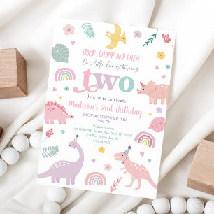 Pastel Pink Dinosaur Second Birthday Invitation