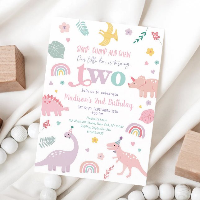 Pastel Pink Dinosaur Second Birthday Invitation (Creator Uploaded)