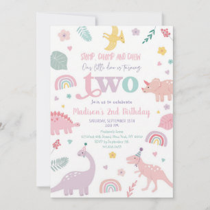 Pastel Pink Dinosaur Second Birthday Invitation