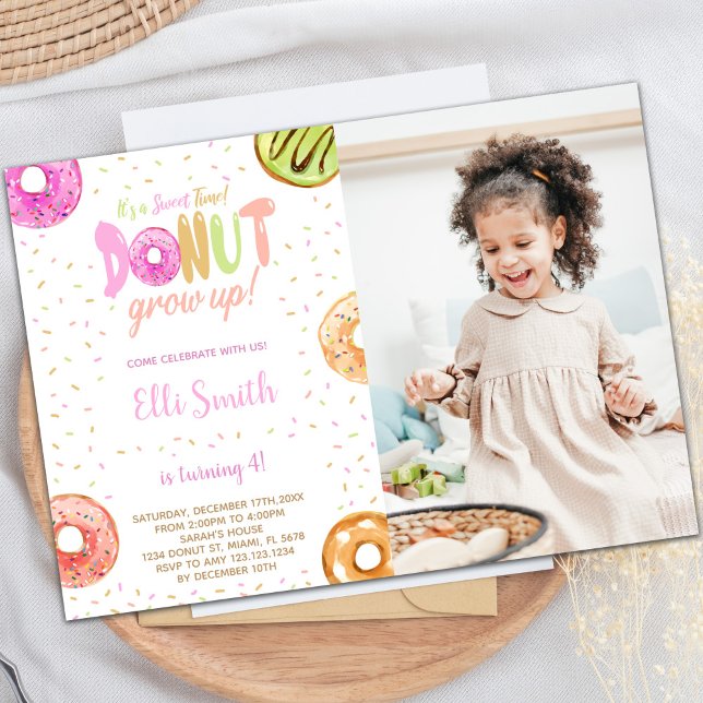 Pastel Pink Doughnut Birthday Invitations with pho (Pastel Pink Donut Birthday Invitations with photo)