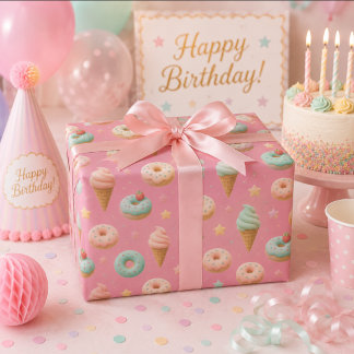 Pastel Pink Doughnut & Ice Cream Birthday Wrapp Wrapping Paper