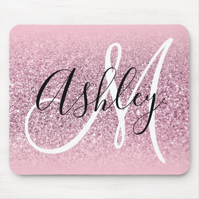 Pastel Pink Edge Ombre Glitter Monogram Mouse Pad (Front)