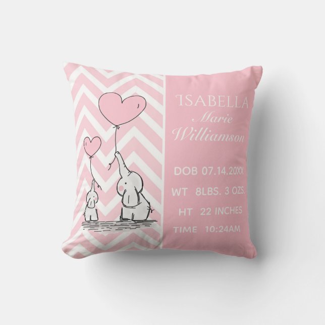 Pastel Pink Elephant Personalised Baby Girl Birth Cushion (Front)