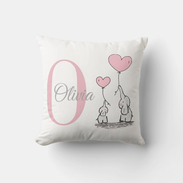 Pastel Pink Elephant Personalised Baby Girl Pillow (Front)
