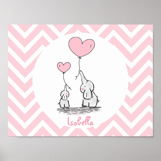 Pastel Pink Elephant Personalised Baby Girl Poster (Front)