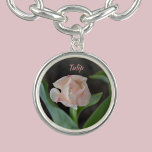 Pastel Pink Fancy Tulip Floral Silver Plated Necklace<br><div class="desc">This single fancy pastel pink tulip framed and wrapped in green leaves is a beautiful floral pendant necklace.  Set against a dark background,  her name can be customised for a truly beautiful and elegant gift to by treasured.

This image is original photography by JLW_PHOTOGRAPHY.</div>