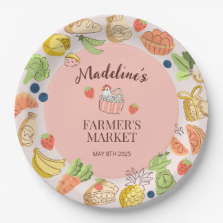 Pastel Pink Farmer's Market Fruit & Vegetables Paper Plate