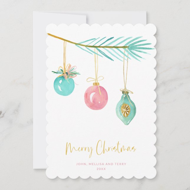 Pastel Pink Farmhouse Check Christmas Ornament Holiday Card (Front)