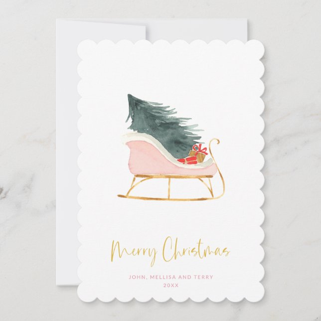 Pastel Pink Farmhouse Plaid Check Christmas Sleigh Holiday Card (Front)