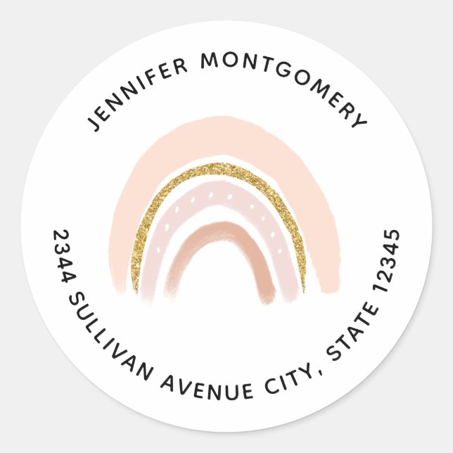 Pastel Pink & Faux Glitter Boho Rainbow Address Classic Round Sticker (Front)