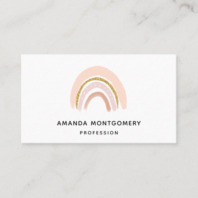 Pastel Pink & Faux Glitter Boho Rainbow Business Card (Front)