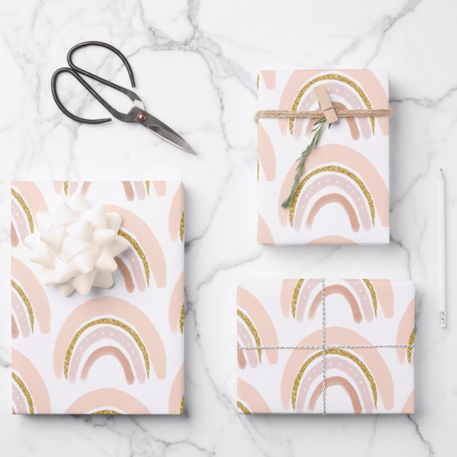 Pastel Pink & Faux Glitter Boho Rainbow Pattern Wrapping Paper Sheet (Front)