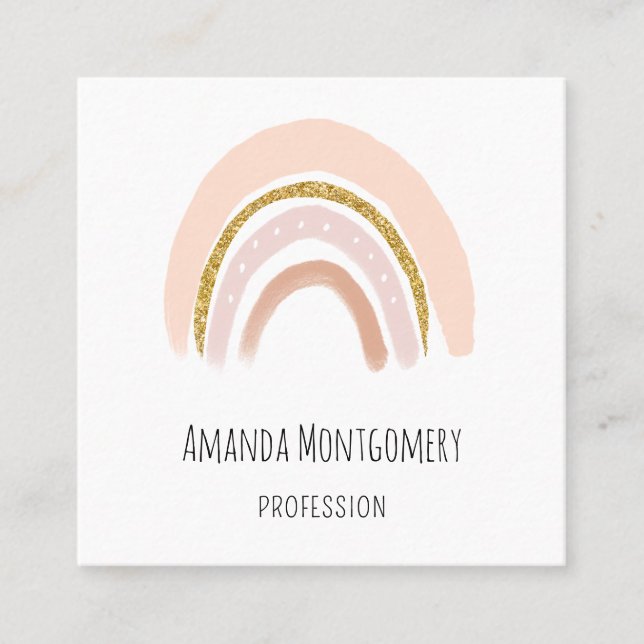 Pastel Pink & Faux Glitter Boho Rainbow Square Business Card (Front)