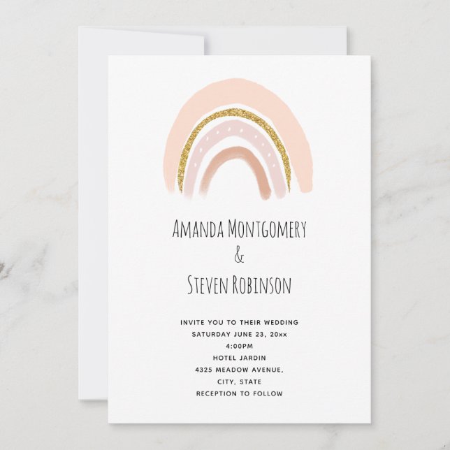 Pastel Pink & Faux Glitter Boho Rainbow Wedding Invitation (Front)