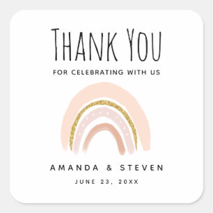 Pastel Pink & Faux Glitter Boho Rainbow Wedding Square Sticker