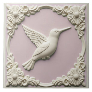 Pastel pink faux relief Art Nouveau Hummingbird Tile