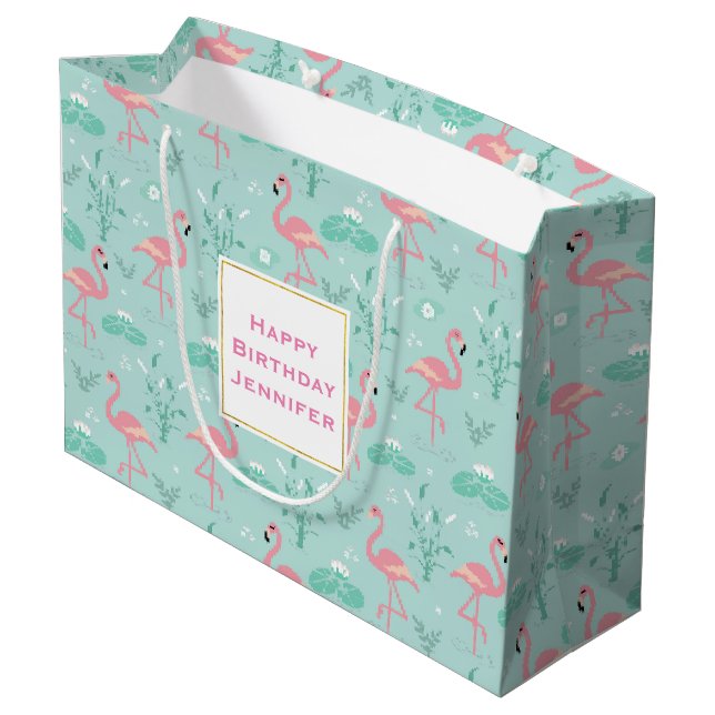 Pastel Pink Flamingos Green Pattern Birthday Large Gift Bag (Back Angled)