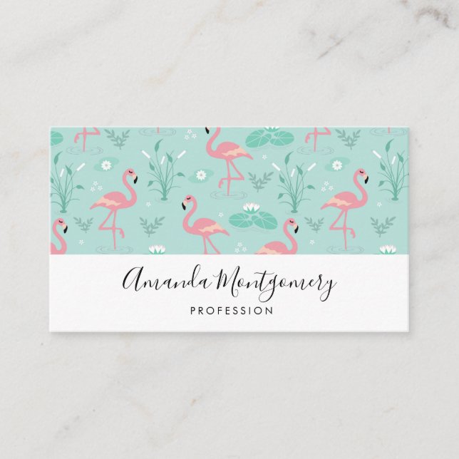 Pastel Pink Flamingos Green Pattern Business Card (Front)