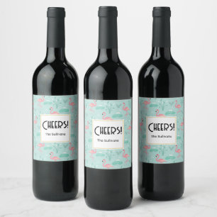 Pastel Pink Flamingos Green Pattern Cheers Wine Label