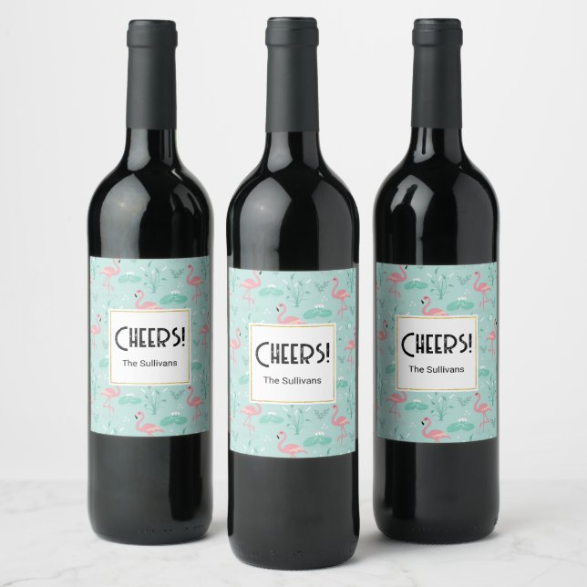 Pastel Pink Flamingos Green Pattern Cheers Wine Label (Bottles)