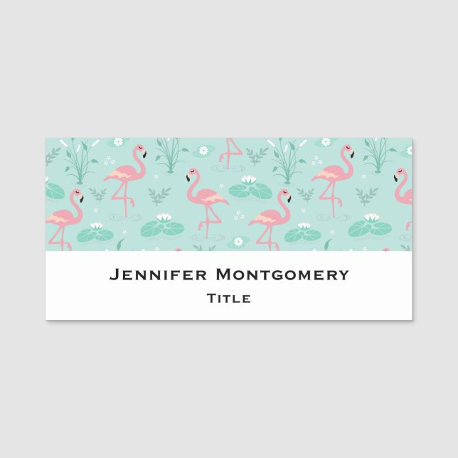 Pastel Pink Flamingos Green Pattern Name Tag (Front)