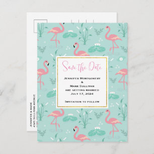 Pastel Pink Flamingos Green Pattern Save the Date Invitation Postcard