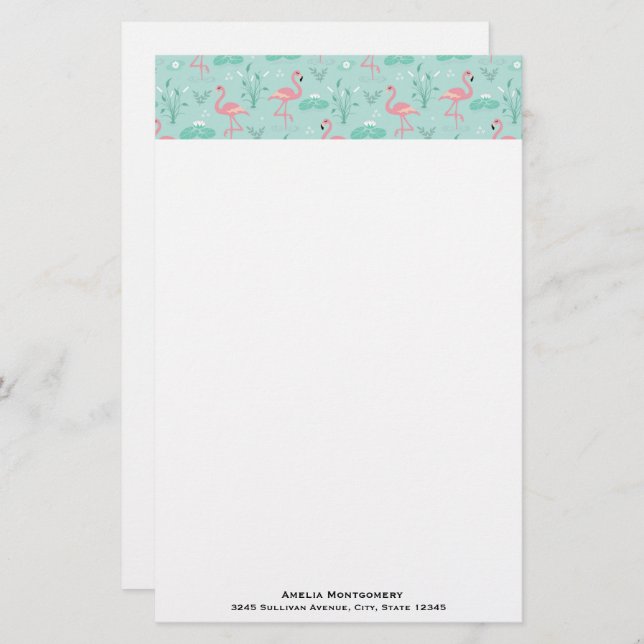 Pastel Pink Flamingos Green Pattern Stationery (Front/Back)