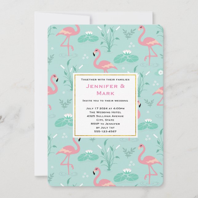 Pastel Pink Flamingos on Green Pattern Wedding Invitation (Front)