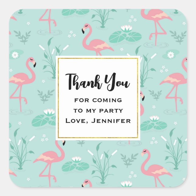  Pastel Pink Flamingos Pattern Party Thank You Square Sticker (Front)