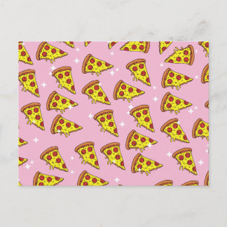 Pastel Pink Floating Pizza Slices Pattern Postcard