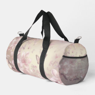 Pastel pink floral and butterfly pattern duffle bag