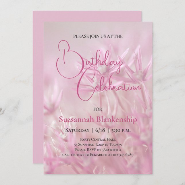 Pastel Pink Floral Background Birthday Party Invitation (Front/Back)
