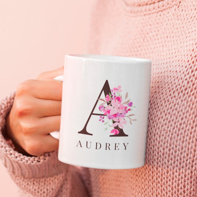 Pastel pink floral black bold script monogram name coffee mug (Creator Uploaded)