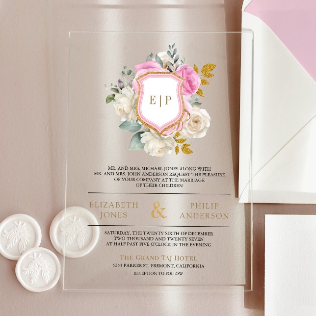 Pastel Pink Floral Crest Monogram Wedding Acrylic Invitations (Creator Uploaded)