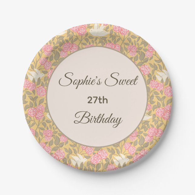 Pastel Pink Floral Dove Pattern Paper Plate (Front)