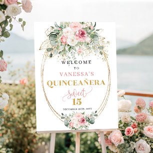 Pastel pink floral gold quinceañera welcome sign