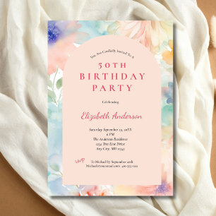 Pastel Pink Floral Modern Arch 50th Birthday Her Invitation