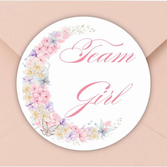 pastel pink floral moon team girl baby shower classic round sticker (Creator Uploaded)