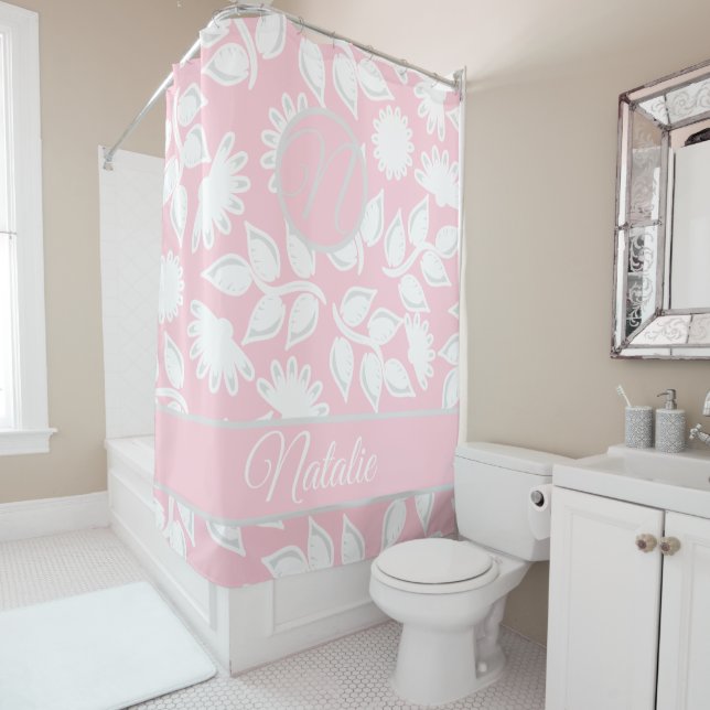 Pastel pink floral pattern  - monogrammed shower curtain (In Situ)
