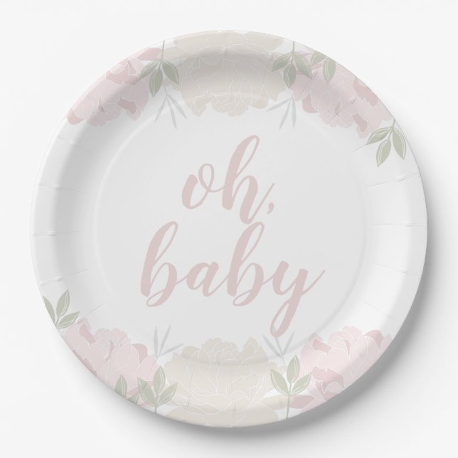 Pastel Pink Floral Peonies Oh Baby Baby Shower Paper Plate (Front)