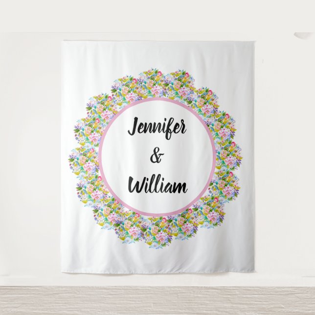 Pastel Pink Floral Romantic Wedding Backdrop Tapestry (Front)