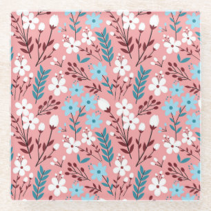 Pastel Pink Floral Seamless Pattern. Glass Coaster