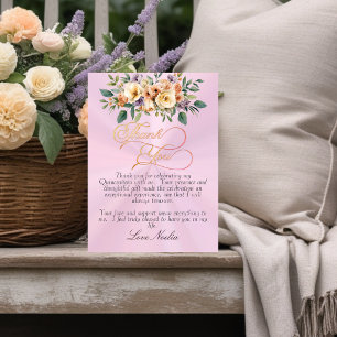 Pastel Pink - Floral & Silver Tiara Quinceanera Thank You Card