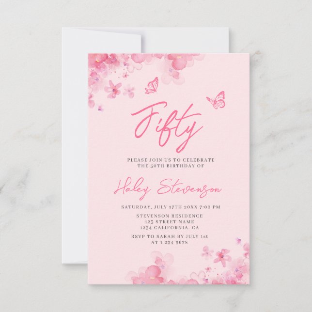 Pastel pink floral soft watercolor 50th Birthday Invitation (Front)