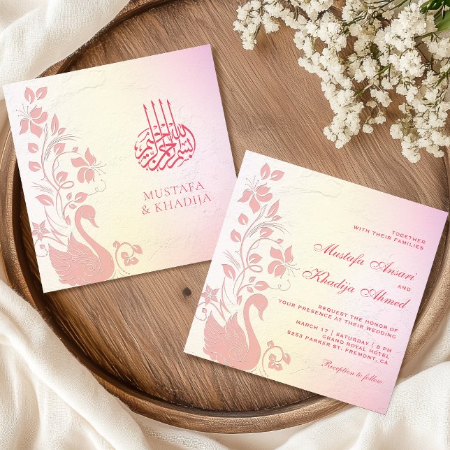 Pastel Pink Floral Swan Islamic Muslim Wedding Invitation (Creator Uploaded)