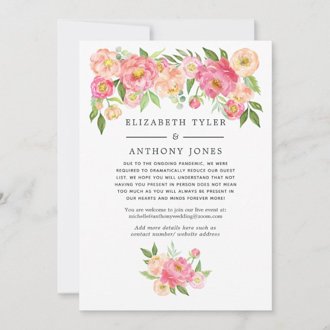 Pastel Pink Floral Wedding Reduced Guest List Announcement (Front)
