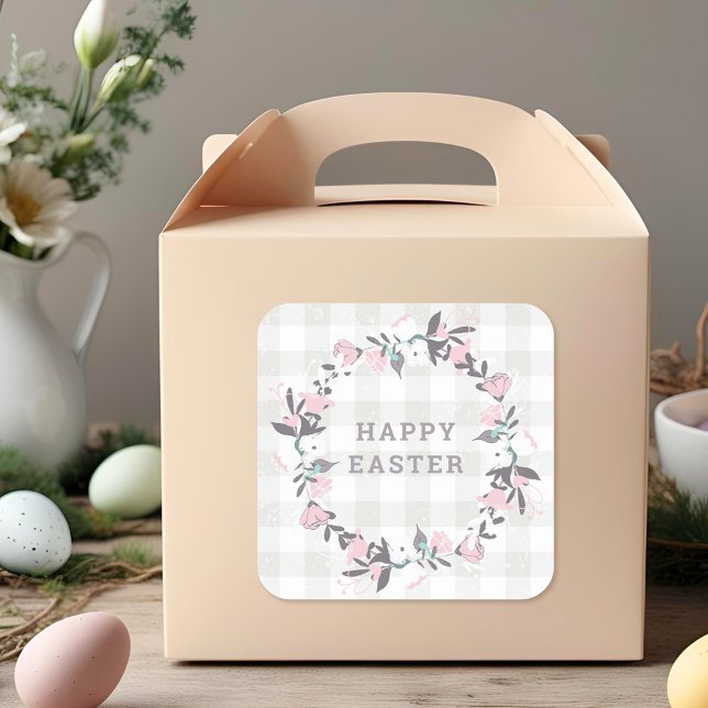 Pastel Pink Floral Wreath Happy Easter Gift Square Sticker (Creator Uploaded)