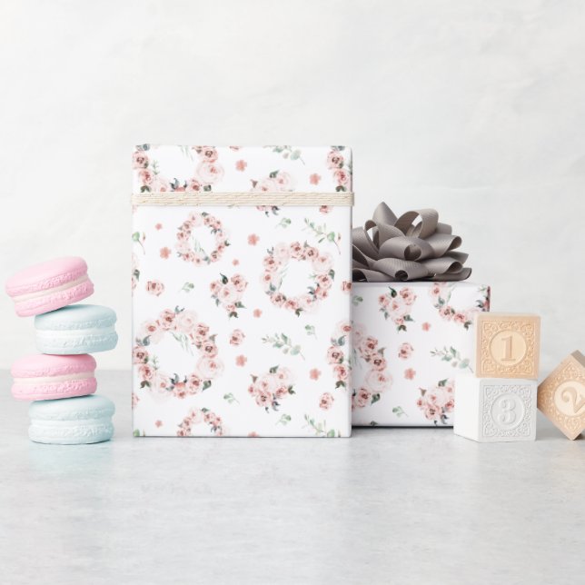 Pastel Pink Floral Wreath  Wrapping Paper (Baby Shower)