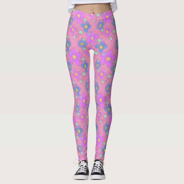  Pastel Pink Flower Doodle Dot Print leggings (Front)