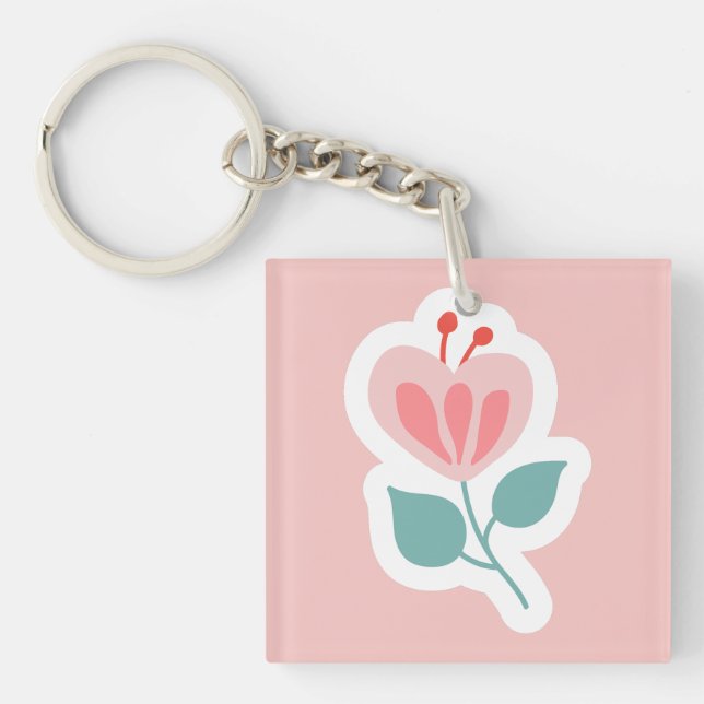 Pastel pink flower petal with stem key ring (Front)